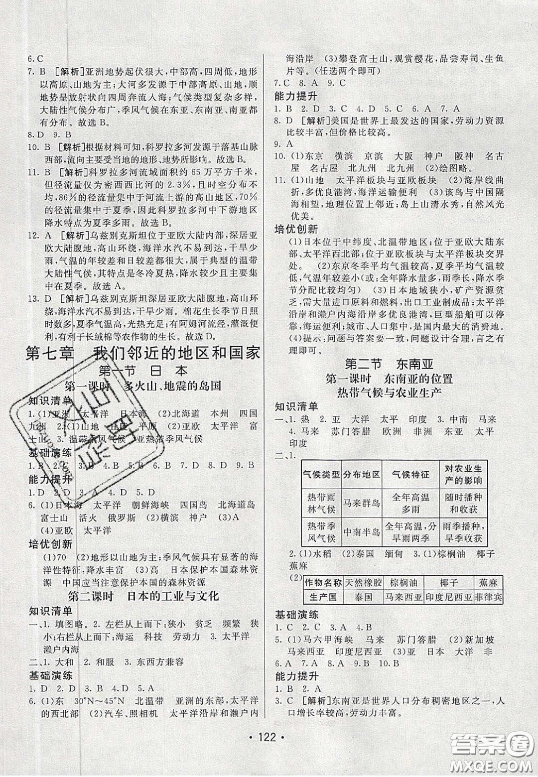 2020年同行學(xué)案學(xué)練測七年級地理下冊人教版答案