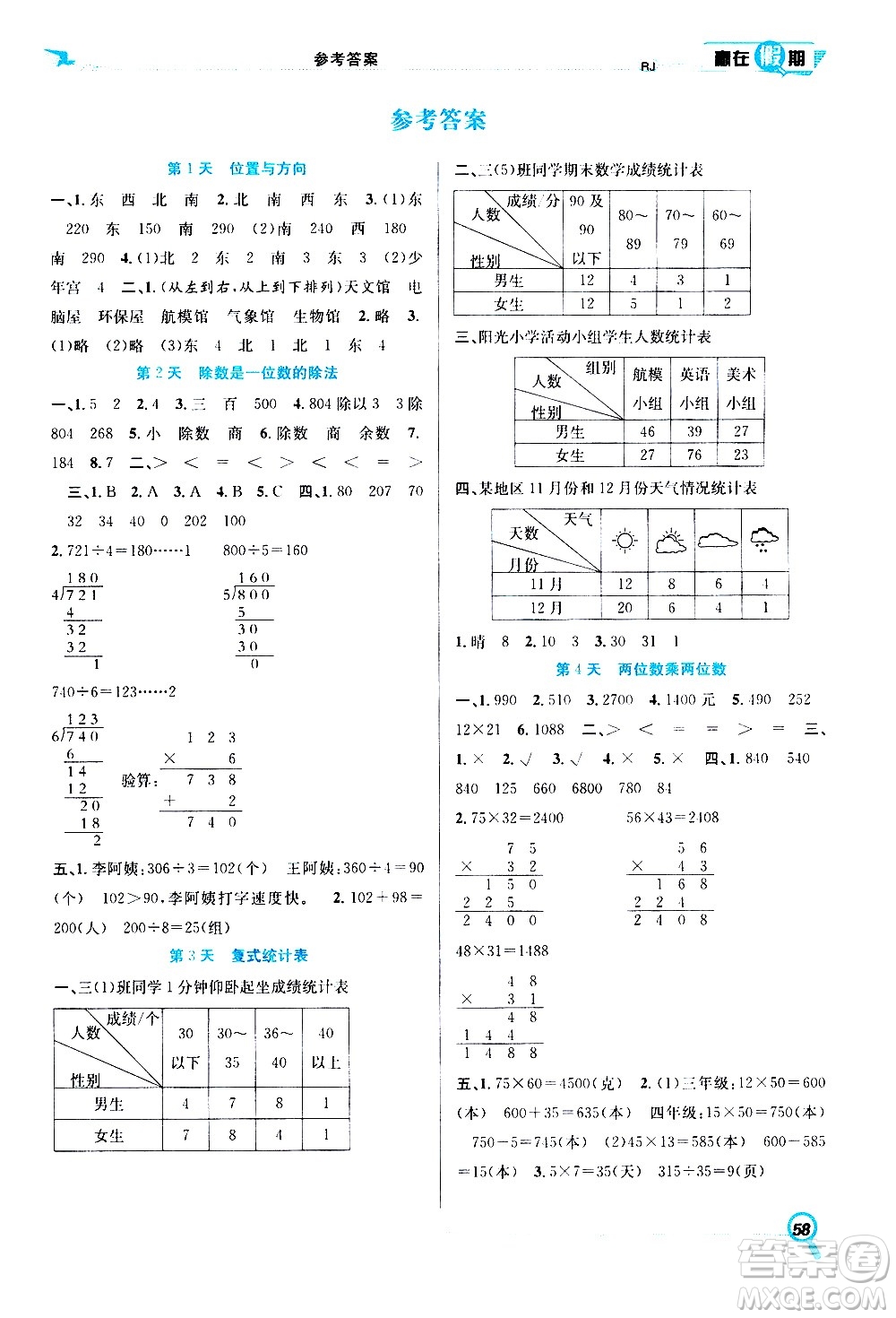 2020年暑假學期總復習贏在假期期末暑假數(shù)學三年級RJ人教版參考答案