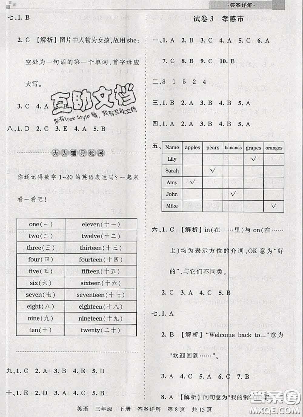 2020年王朝霞各地期末試卷精選三年級英語下冊人教版湖北專版答案