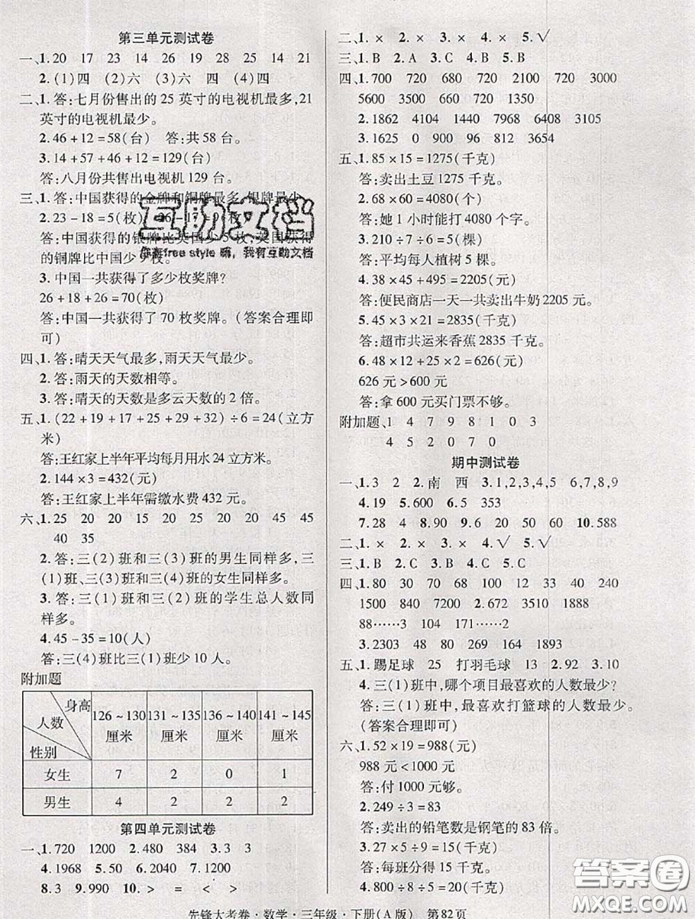 新疆文化出版社2020年先鋒大考卷三年級數(shù)學下冊人教版答案