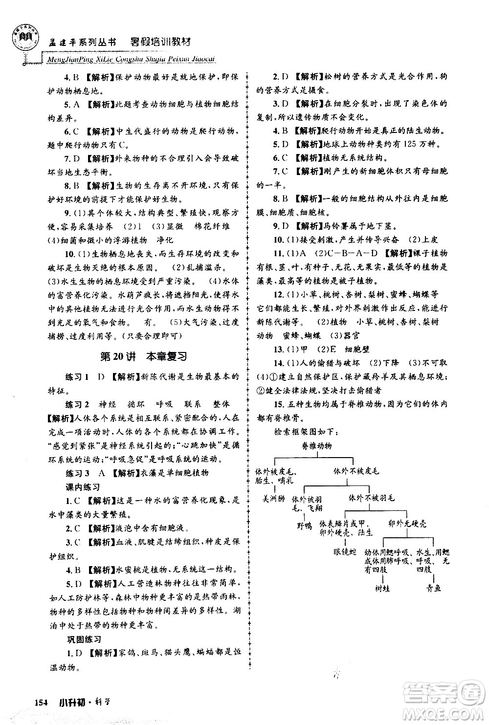 2020年孟建平系列叢書暑假培訓(xùn)教材小升初科學(xué)參考答案