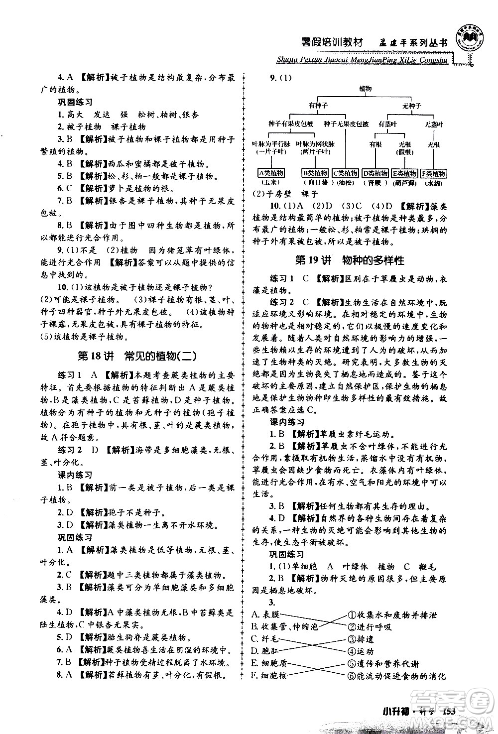 2020年孟建平系列叢書暑假培訓(xùn)教材小升初科學(xué)參考答案