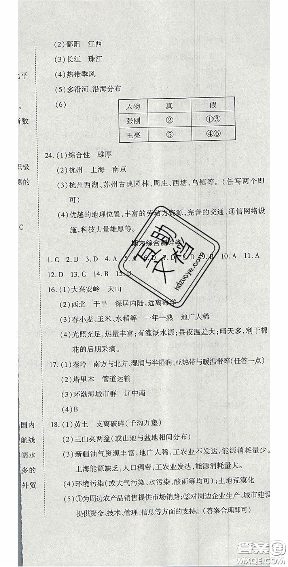 2020開心一卷通全優(yōu)大考卷八年級(jí)地理下冊(cè)商務(wù)星球版答案