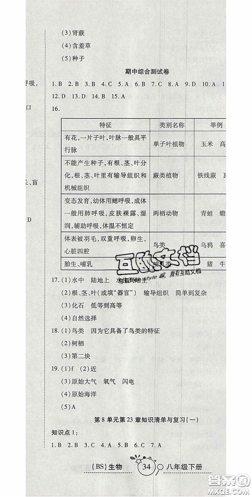 2020開心一卷通全優(yōu)大考卷八年級(jí)生物下冊(cè)北師大版答案