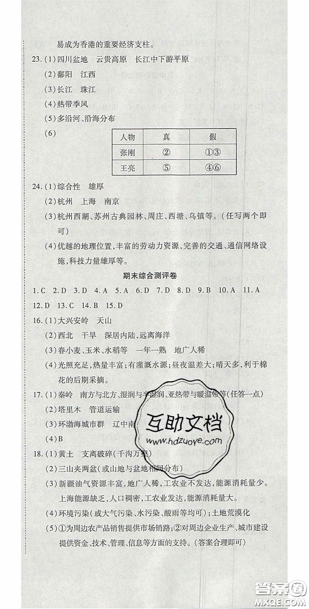 2020開心一卷通全優(yōu)大考卷八年級地理下冊人教版答案