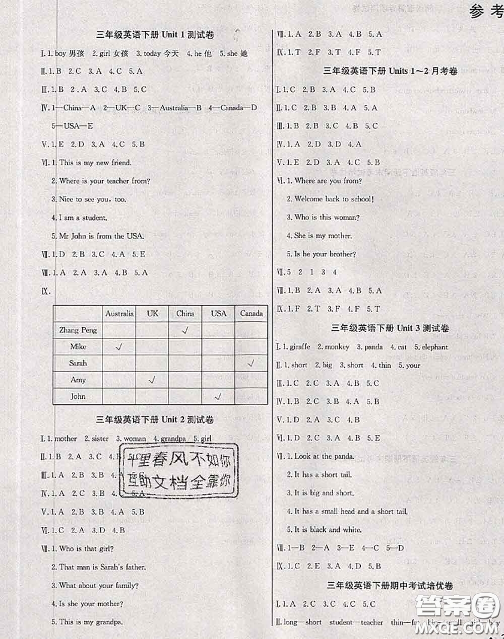 2020年黃岡小博士沖刺100分三年級英語下冊人教版答案