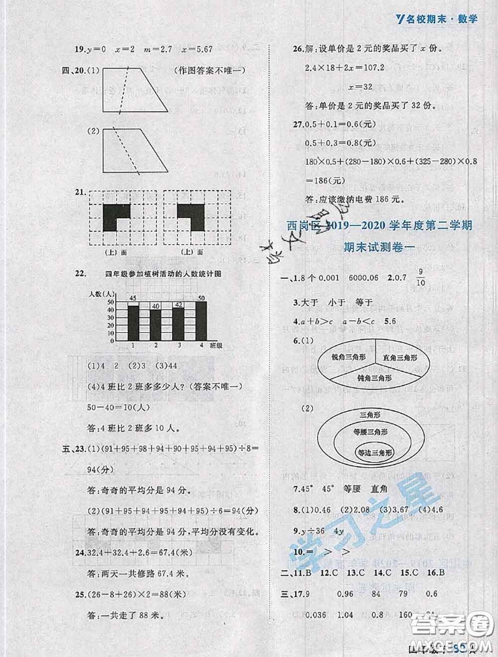 2020年名校期末大連市各區(qū)名校期中期末仿真試卷12套四年級數(shù)學(xué)下冊答案