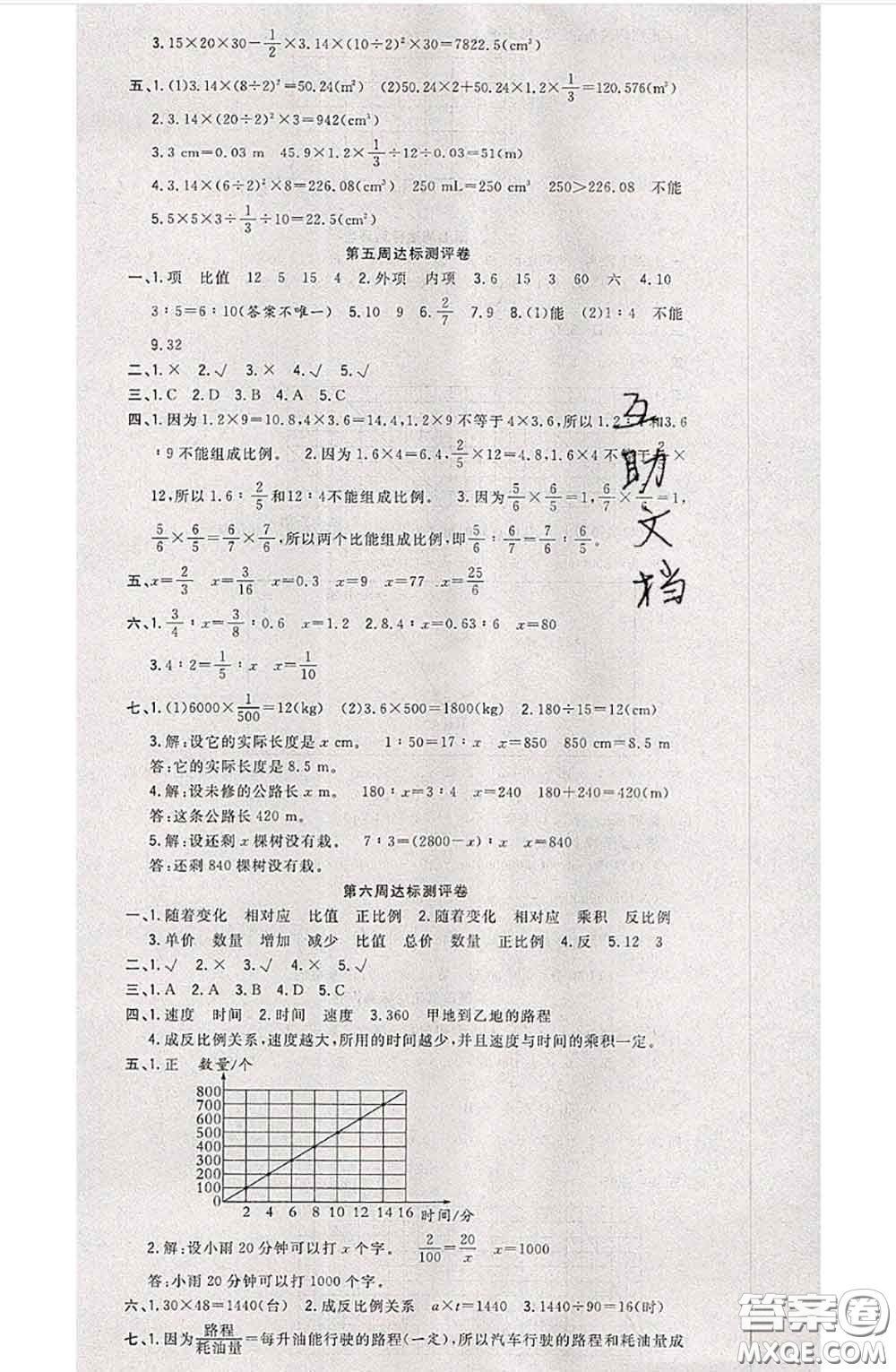 南方出版社2020狀元大考卷六年級(jí)數(shù)學(xué)下冊(cè)人教版答案