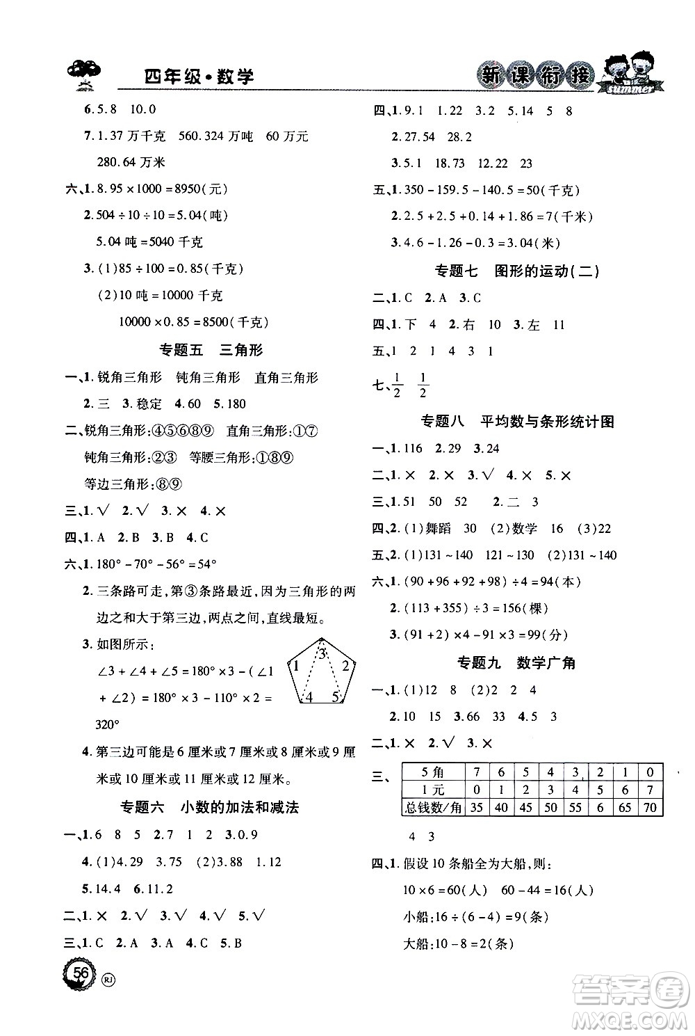 2020年步步高系列假期天天樂新課銜接數(shù)學(xué)四年級(jí)RJ人教版參考答案