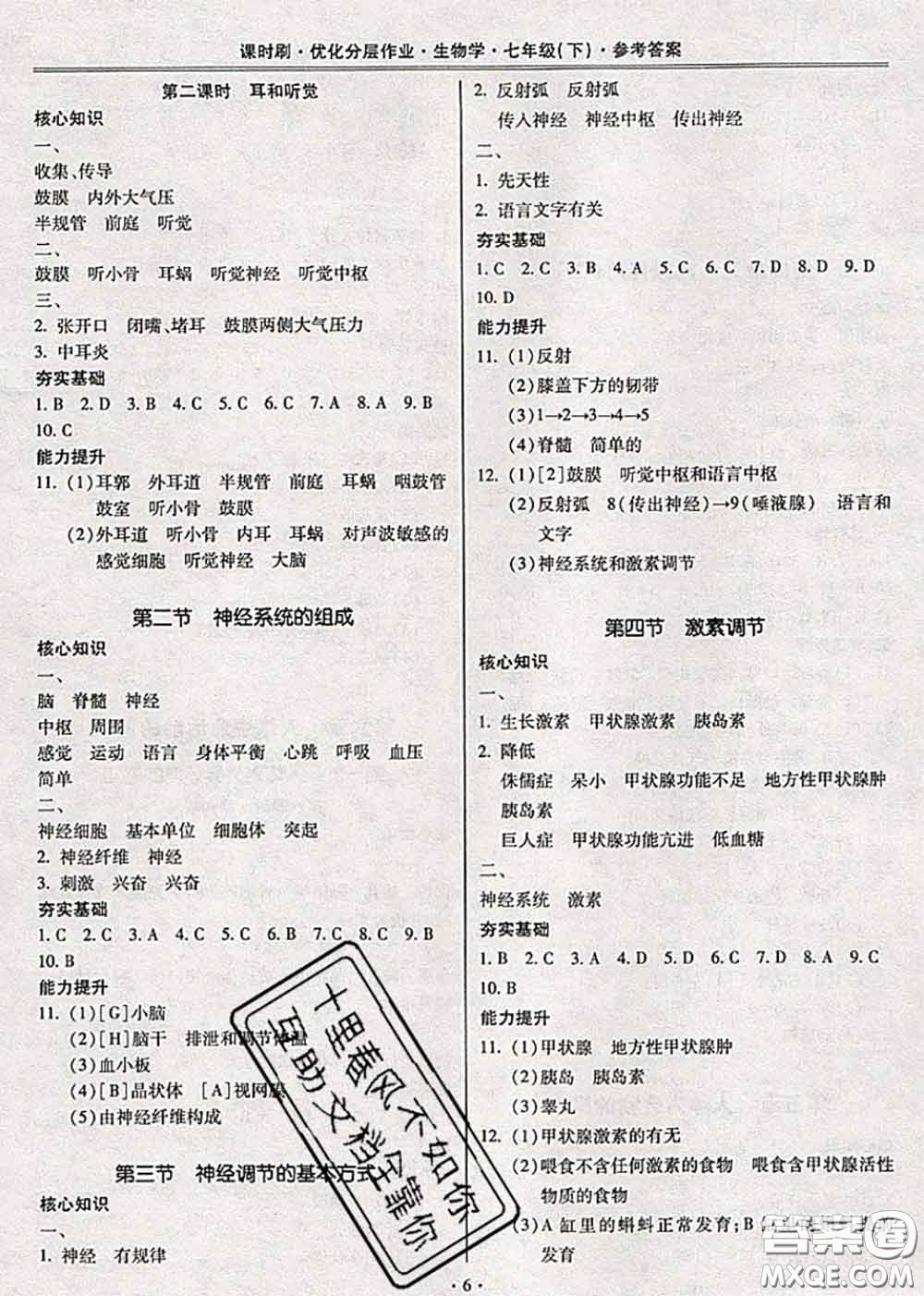 2020年課時刷優(yōu)化分層作業(yè)七年級生物下冊人教版答案