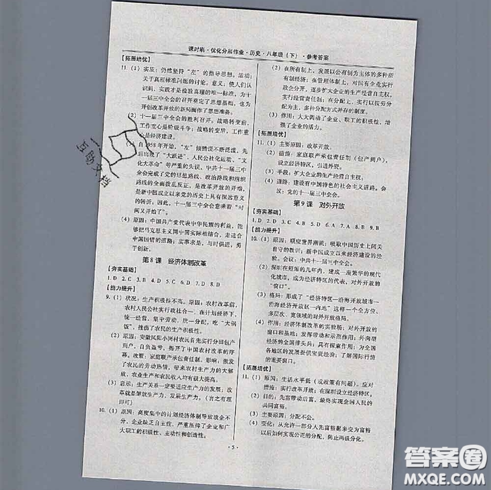 2020年課時(shí)刷優(yōu)化分層作業(yè)八年級歷史下冊人教版答案