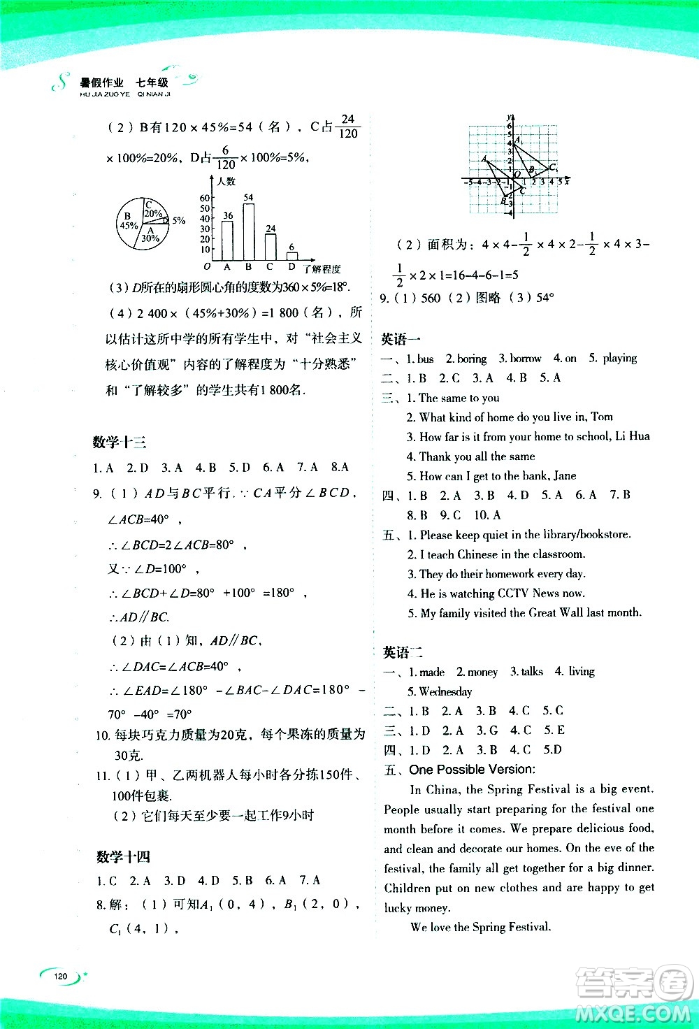 海峽文藝出版社2020版核按鈕暑假作業(yè)七年級合訂本參考答案