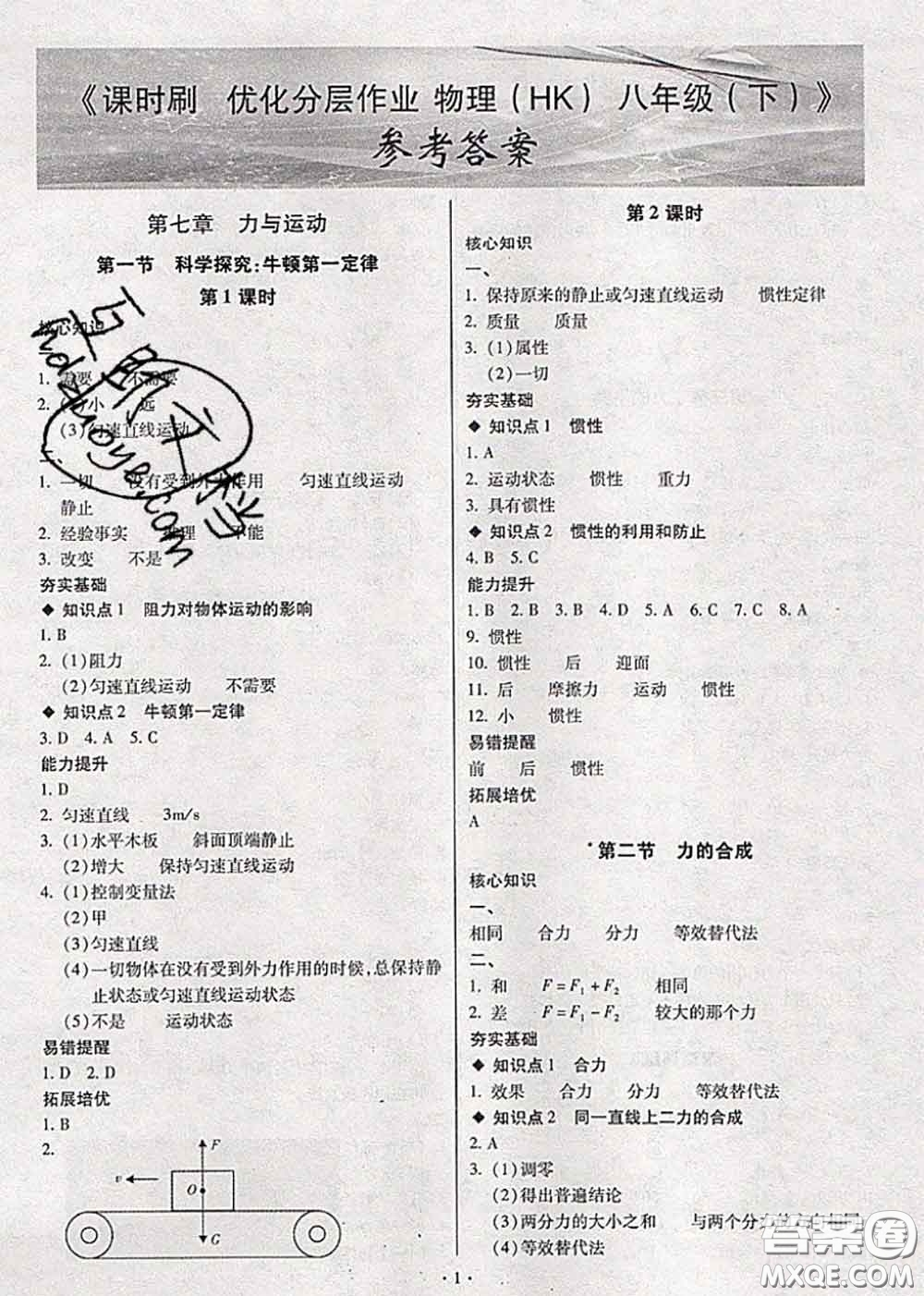 2020年課時(shí)刷優(yōu)化分層作業(yè)八年級(jí)物理下冊(cè)滬科版答案