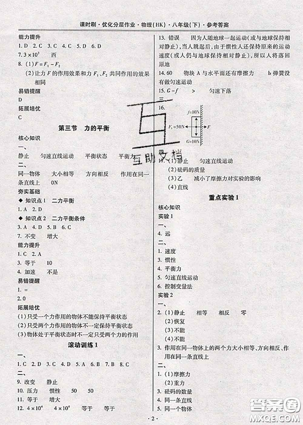 2020年課時(shí)刷優(yōu)化分層作業(yè)八年級(jí)物理下冊(cè)滬科版答案