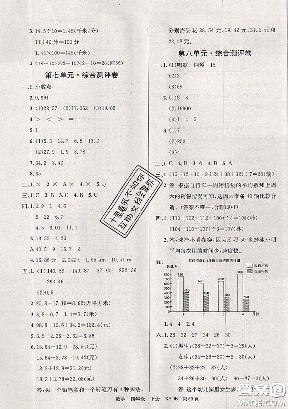 2020年優(yōu)優(yōu)好卷單元測評卷四年級數(shù)學(xué)下冊西師版答案