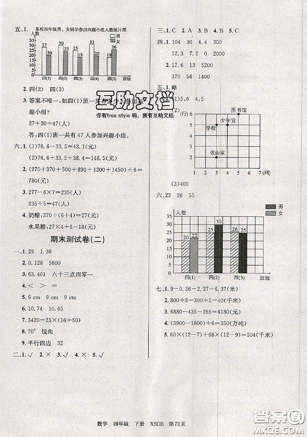 2020年優(yōu)優(yōu)好卷單元測評卷四年級數(shù)學(xué)下冊西師版答案