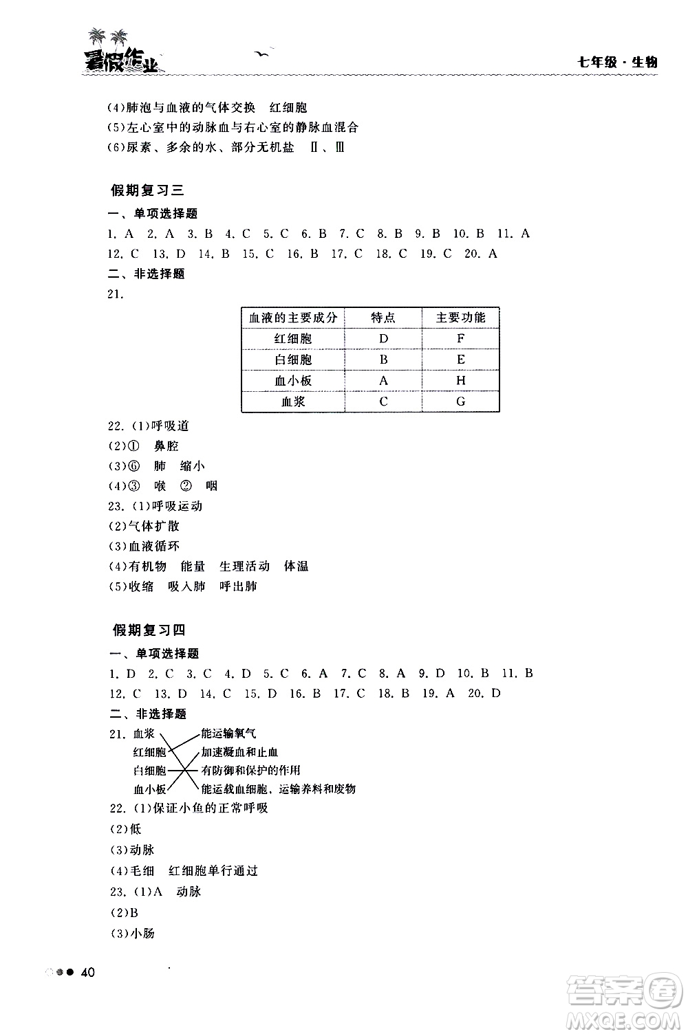 湖南教育出版社2020年暑假作業(yè)七年級生物參考答案