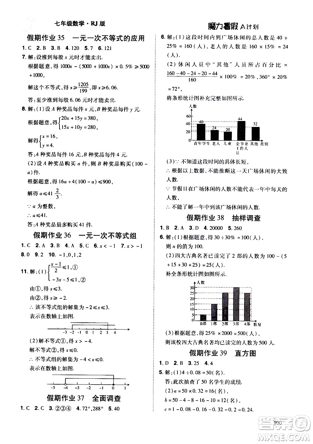 宇恒文化2020年魔力暑假A計劃數(shù)學(xué)七年級RJ人教版參考答案