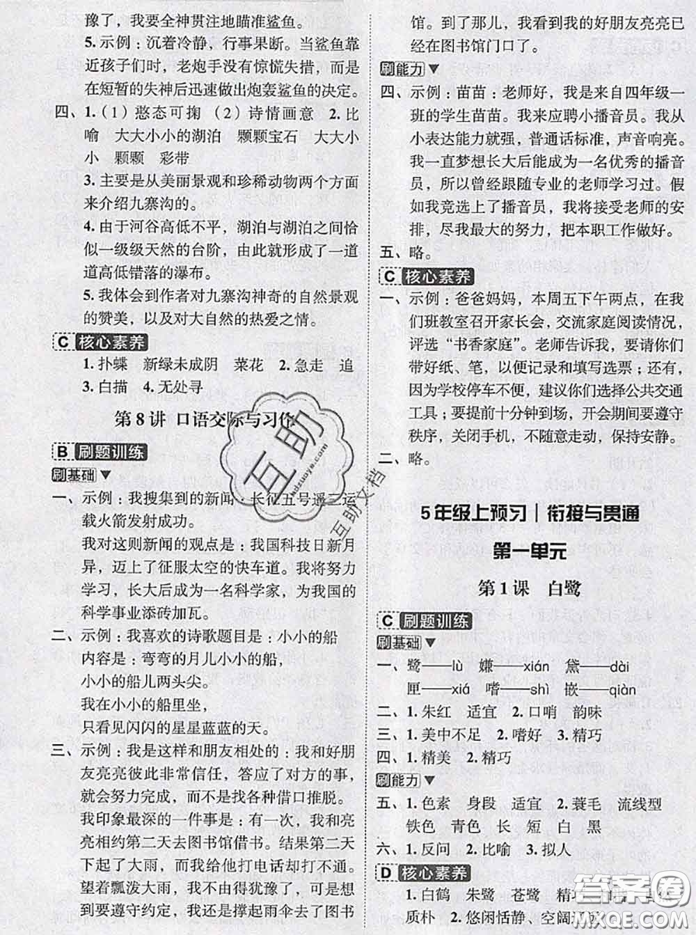 寧波出版社2020新版名師派暑假銜接四升五語(yǔ)文答案