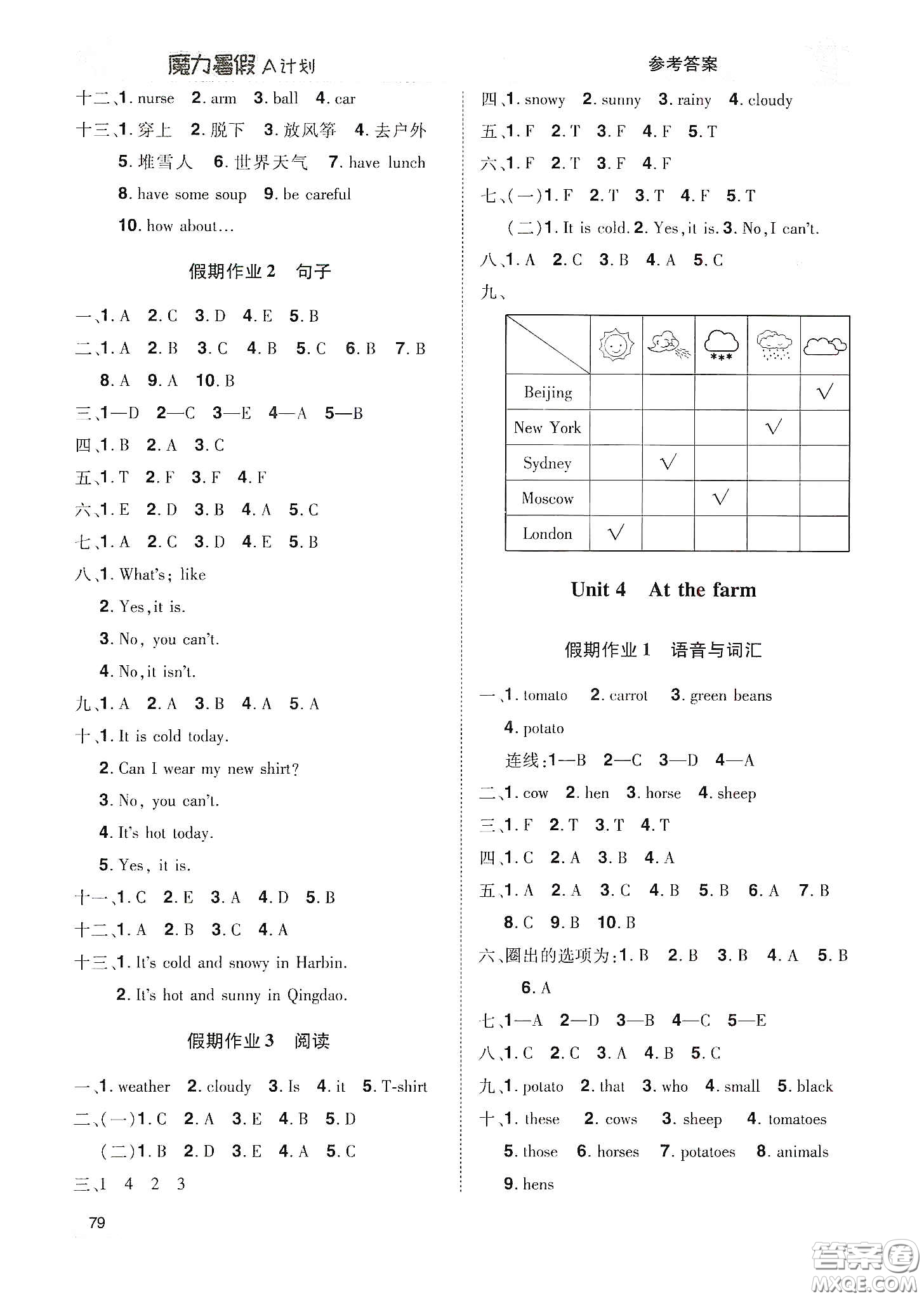 宇恒文化2020魔力暑假A計劃四年級英語人教版答案