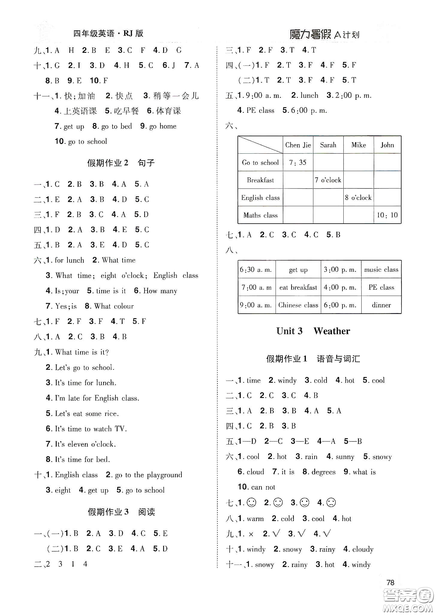 宇恒文化2020魔力暑假A計劃四年級英語人教版答案