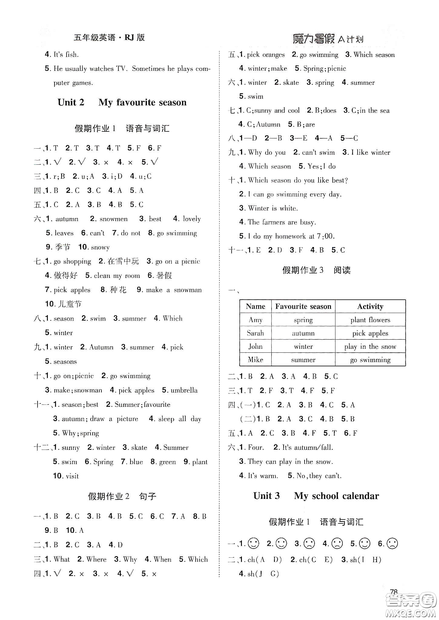 宇恒文化2020魔力暑假A計(jì)劃五年級(jí)英語(yǔ)人教版答案