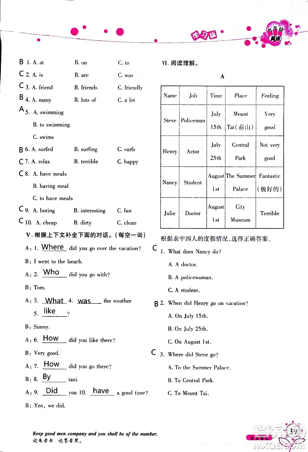 湖南師范大學(xué)出版社2020年暑假學(xué)習(xí)與生活假日知新七年級(jí)英語(yǔ)學(xué)習(xí)版參考答案