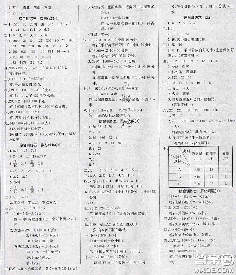 長江出版社2020年優(yōu)生樂園學(xué)期總復(fù)習(xí)暑假三年級數(shù)學(xué)人教版答案