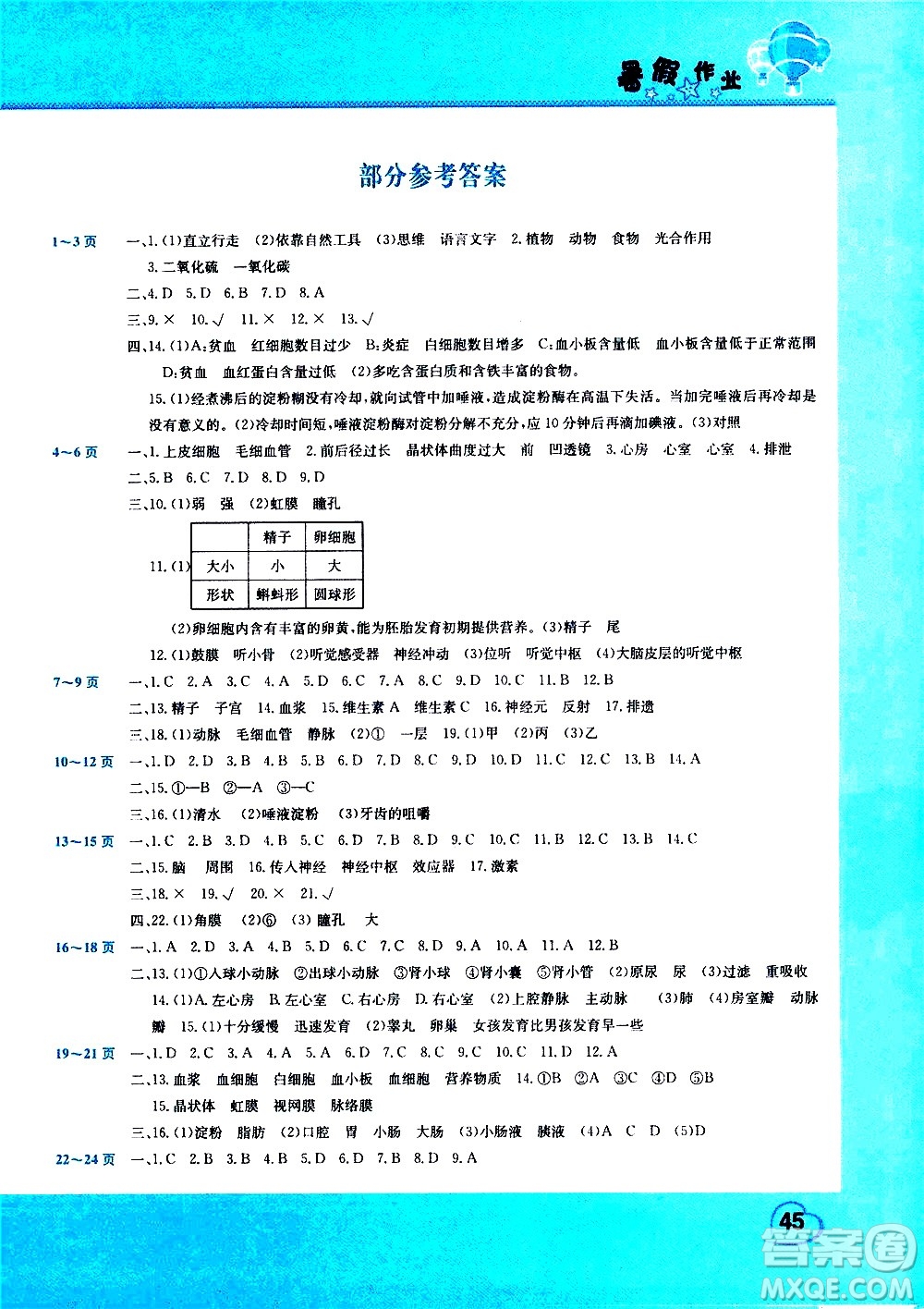 中原農(nóng)民出版社2020年假期園地暑假作業(yè)七年級生物參考答案