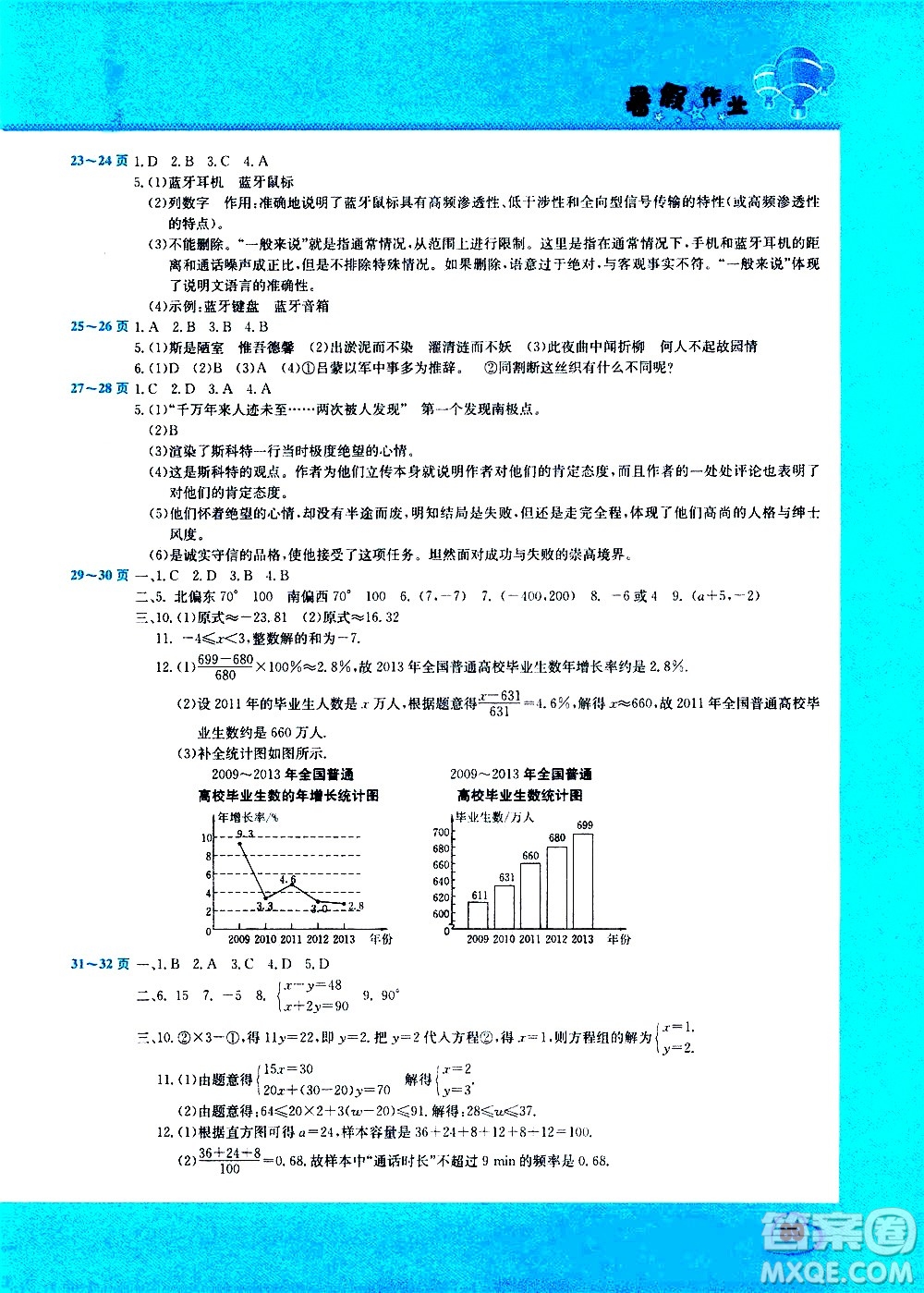 中原農(nóng)民出版社2020年假期園地暑假作業(yè)七年級合訂本參考答案