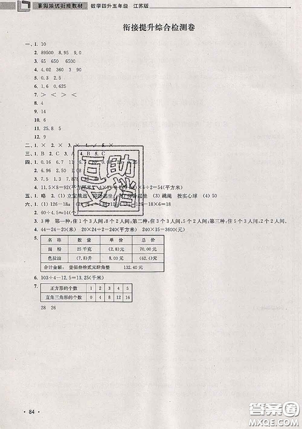 超能學(xué)典2020年暑假培優(yōu)銜接教材四升五數(shù)學(xué)江蘇版答案