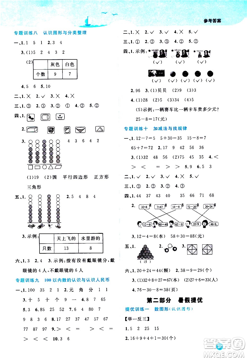 2020年陽光同學暑假銜接1升2數(shù)學RJ人教版參考答案