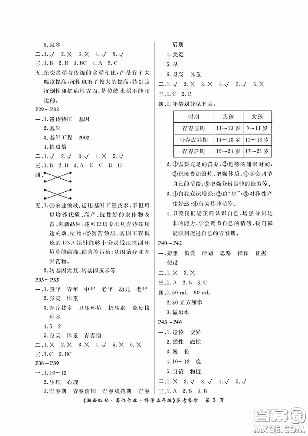 湖南大學(xué)出版社2020湘岳假期暑假作業(yè)五年級科學(xué)第4版答案