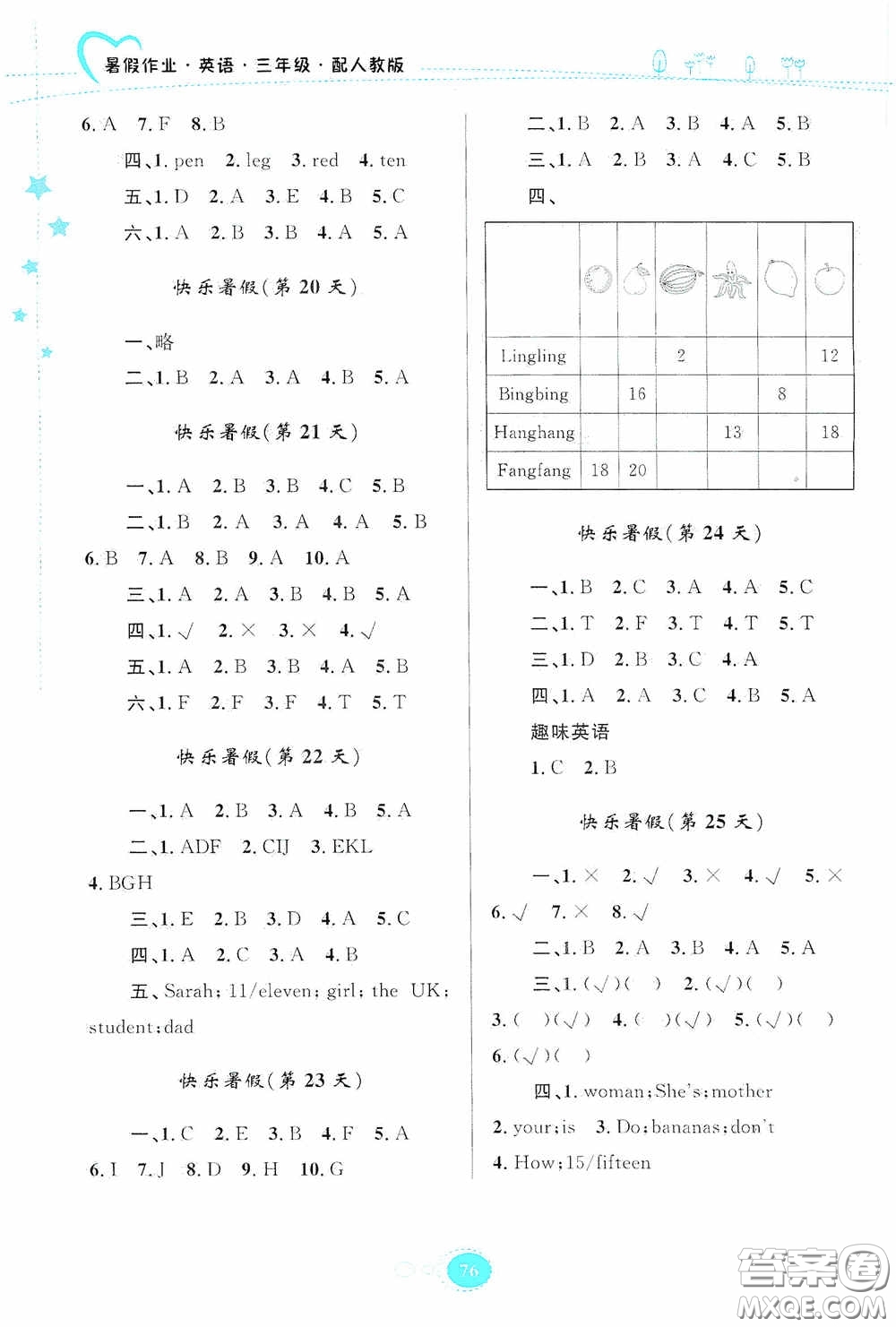 貴州人民出版社2020暑假作業(yè)三年級(jí)英語人教版答案