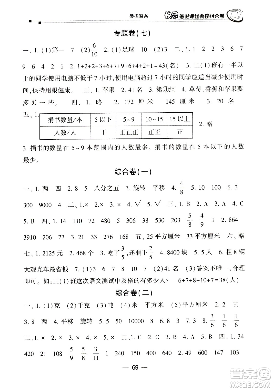 甘肅少年兒童出版社2020年快樂(lè)暑假課程銜接組合卷數(shù)學(xué)三年級(jí)北師大版參考答案