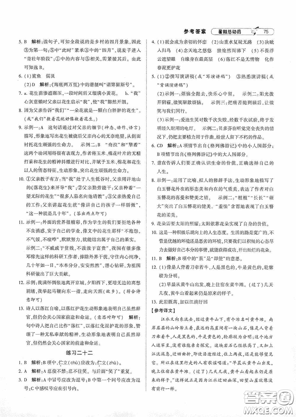 寧夏人民教育出版社2020經(jīng)綸學(xué)典暑假總動員七年級語文人教版答案