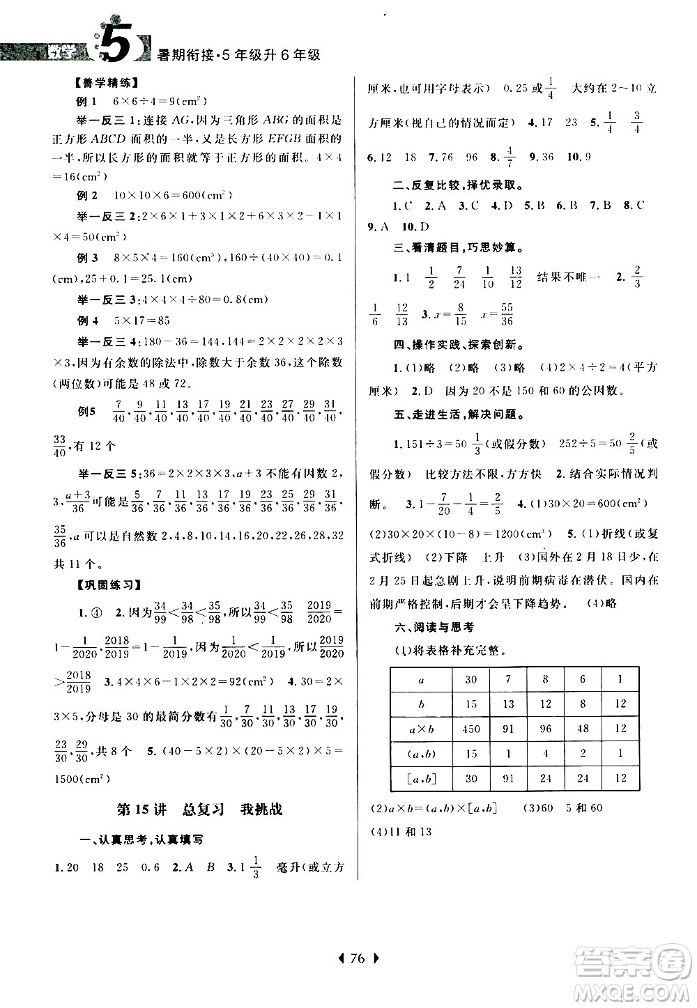 南京大學(xué)出版社2020年小學(xué)暑假銜接數(shù)學(xué)五年級(jí)升六年級(jí)參考答案