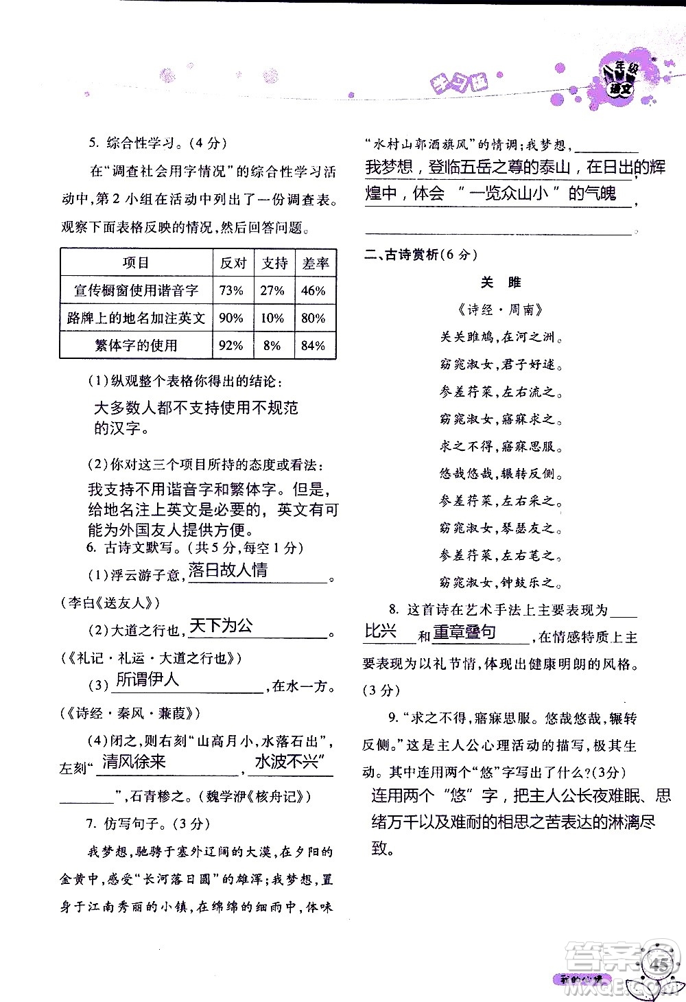 湖南師范大學(xué)出版社2020年暑假學(xué)習(xí)與生活假日知新八年級(jí)語文學(xué)習(xí)版參考答案