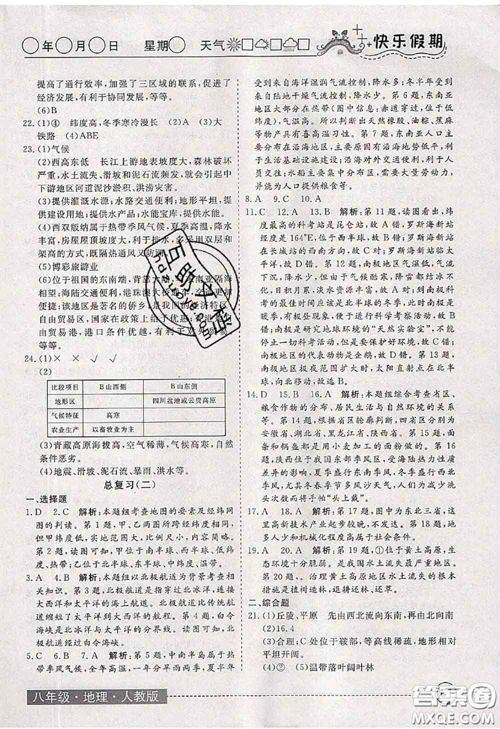 2020年黃岡測試卷系列暑假作業(yè)八年級地理人教版參考答案