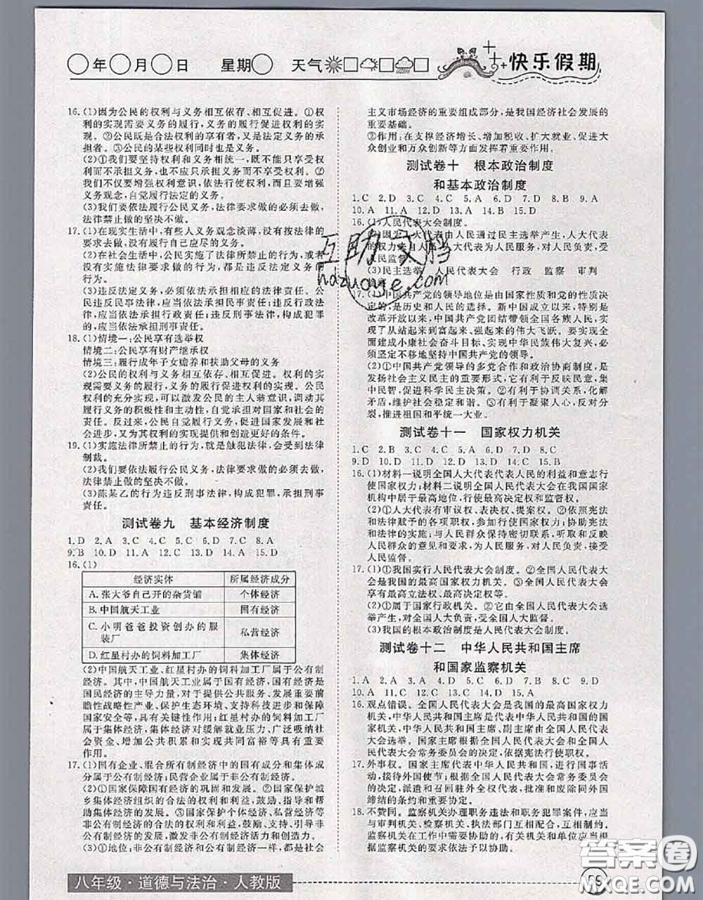 2020年黃岡測試卷系列暑假作業(yè)八年級道德與法治人教版參考答案