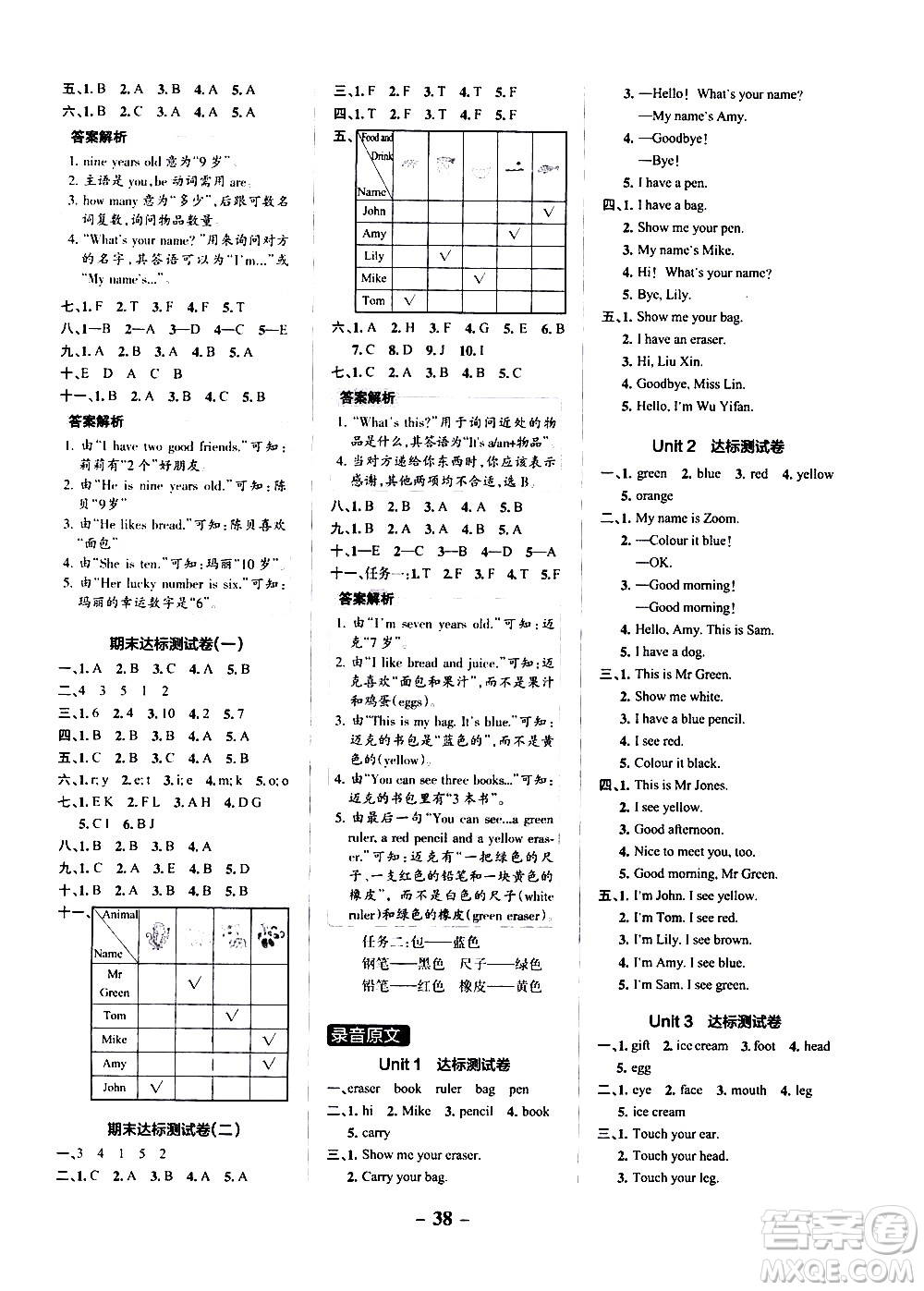 遼寧教育出版社2020秋小學(xué)學(xué)霸作業(yè)本英語三年級(jí)上RJ人教版參考答案