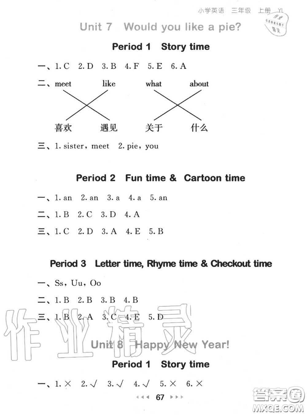 2020秋小兒郎53隨堂測三年級英語上冊譯林版參考答案