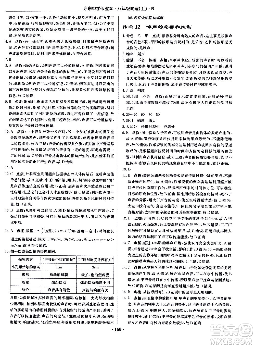 龍門書局2020秋啟東中學作業(yè)本八年級物理上冊R人教版參考答案