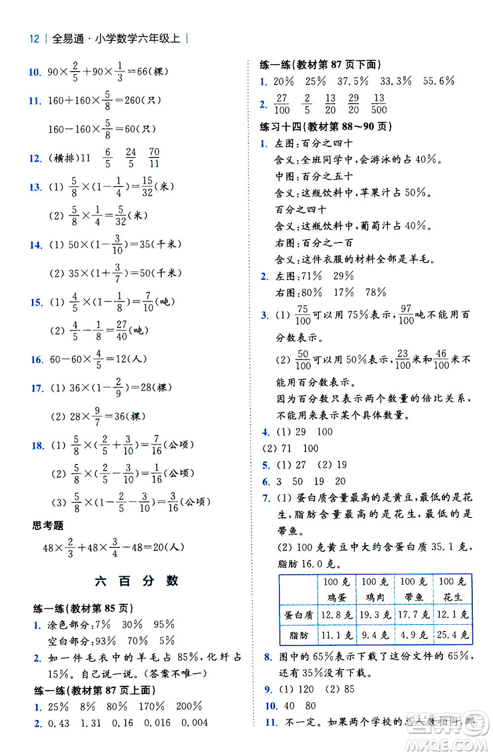 陜西師范大學(xué)出版總社2020秋全易通小學(xué)數(shù)學(xué)六年級(jí)上SJ蘇教版參考答案