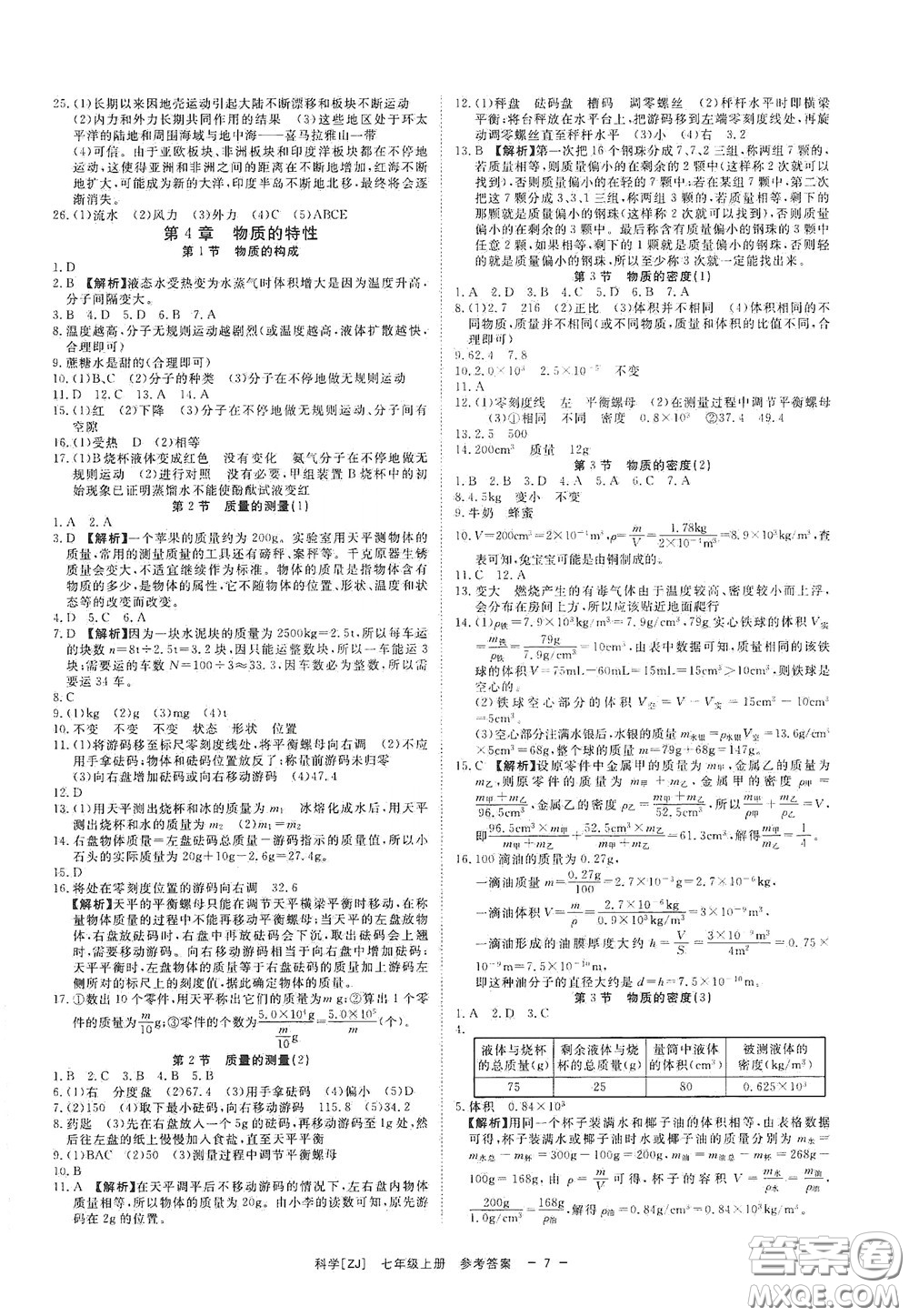 2020全效學(xué)習(xí)課時(shí)提優(yōu)七年級科學(xué)上冊浙教版精華版答案