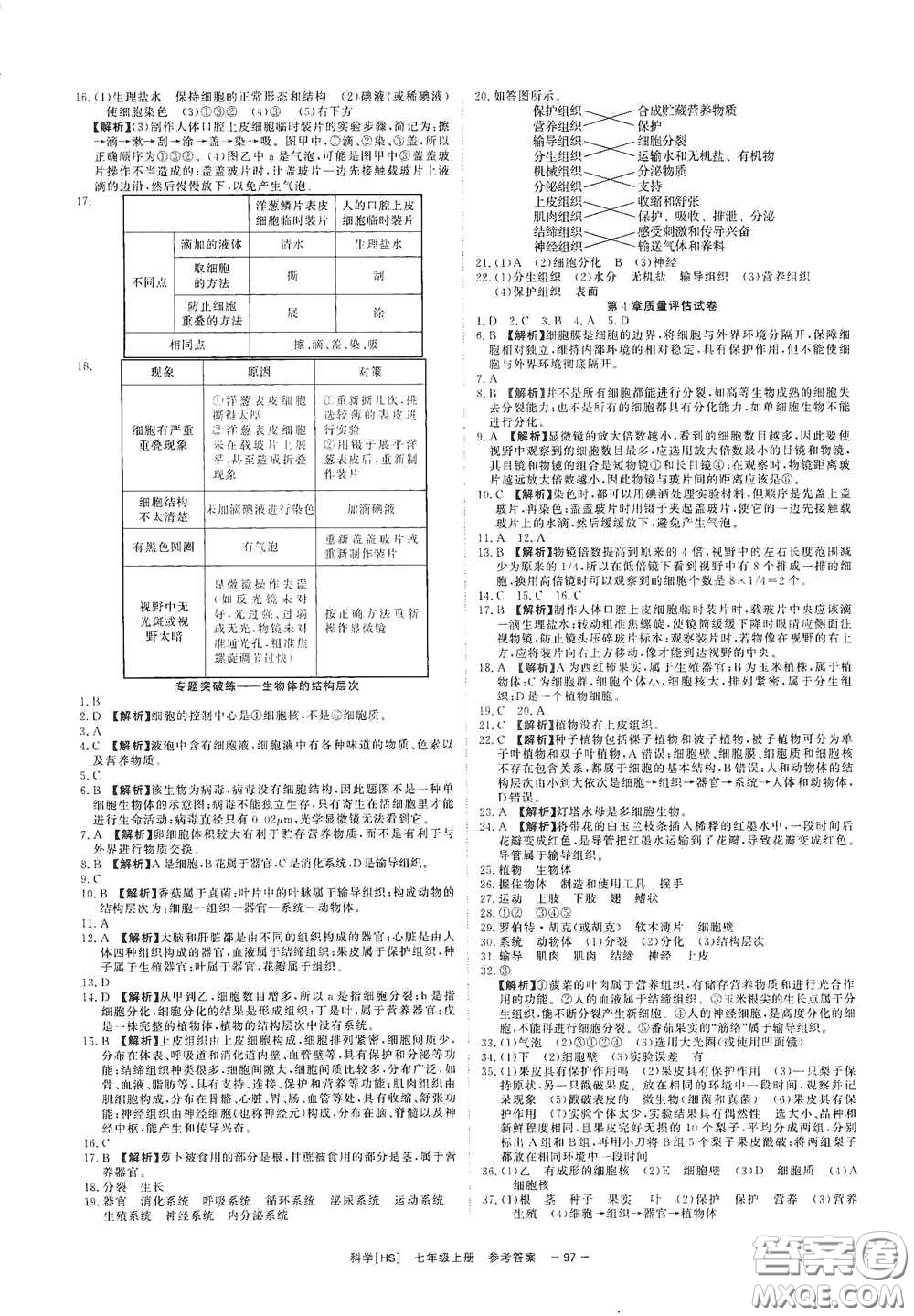 2020全效學(xué)習(xí)課時提優(yōu)七年級科學(xué)上冊HS版答案