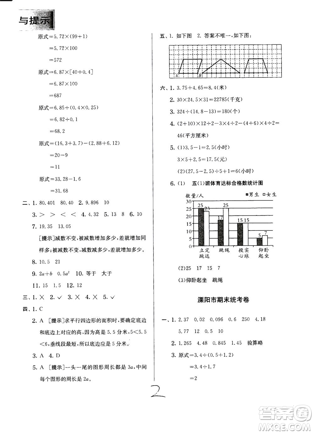 江蘇人民出版社2020秋實驗班提優(yōu)訓(xùn)練數(shù)學(xué)五年級上JSJY江蘇教育版參考答案