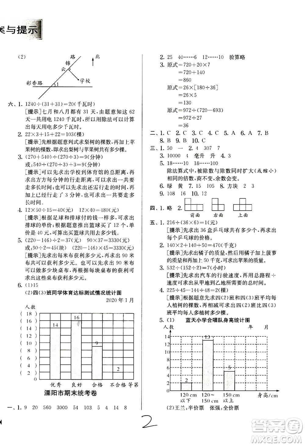 江蘇人民出版社2020秋實(shí)驗(yàn)班提優(yōu)訓(xùn)練數(shù)學(xué)四年級(jí)上JSJY江蘇教育版參考答案