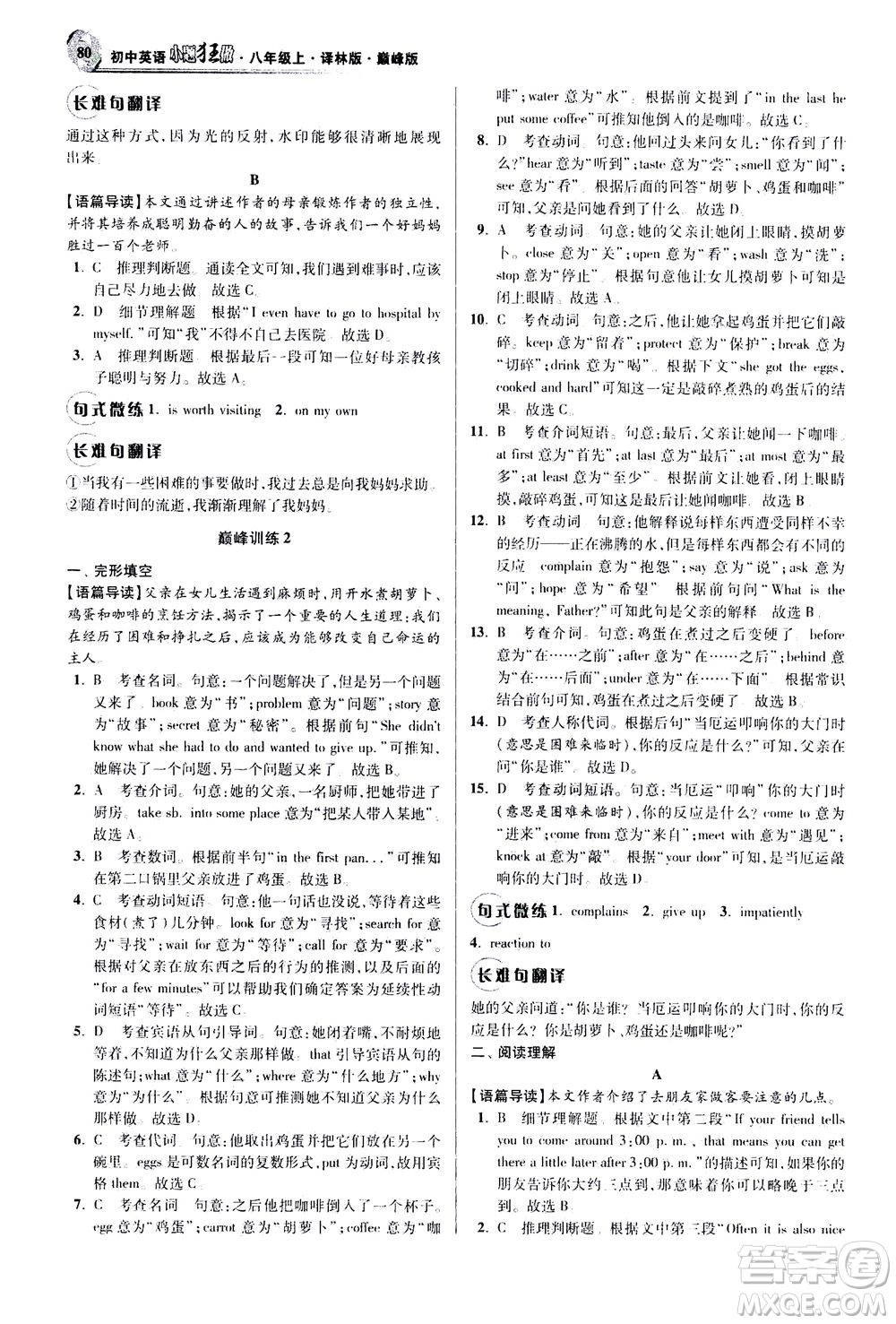 江蘇鳳凰科學技術(shù)出版社2020秋初中英語小題狂做巔峰版八年級上譯林版參考答案