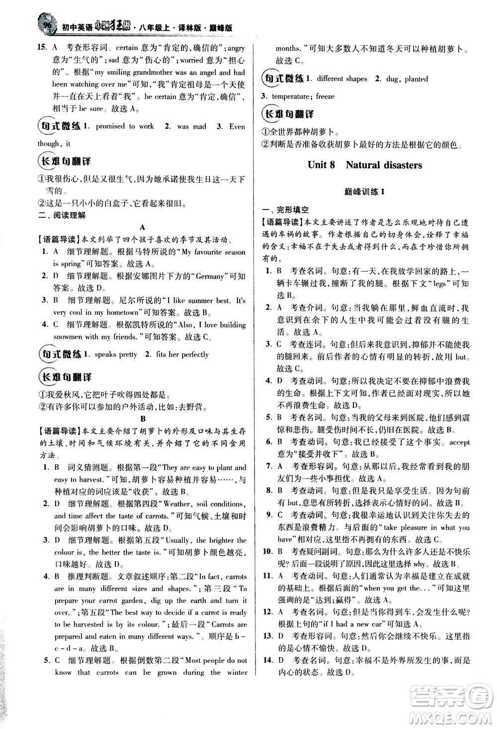 江蘇鳳凰科學技術(shù)出版社2020秋初中英語小題狂做巔峰版八年級上譯林版參考答案